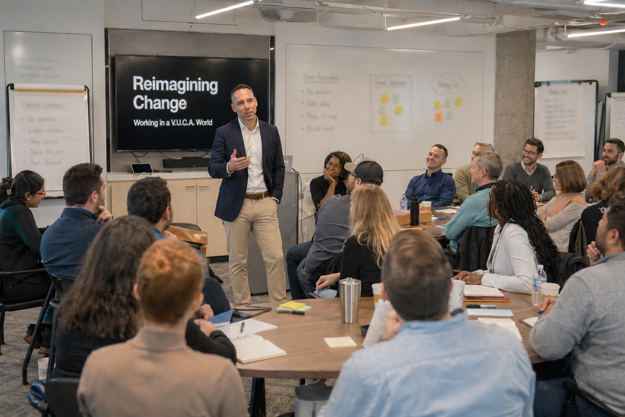 Greg facilitating a 'Reimagining Change' leadership session with a group of executives