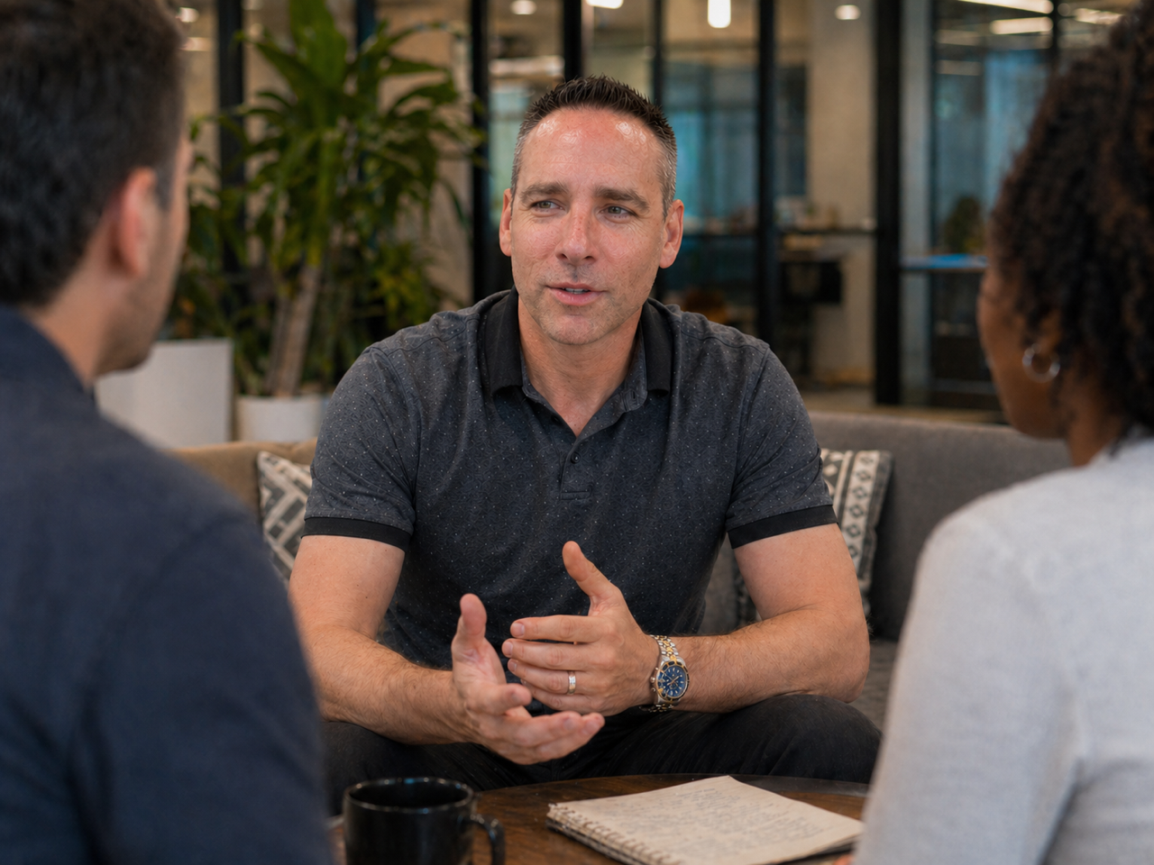 Greg in conversation with two executives during a working session